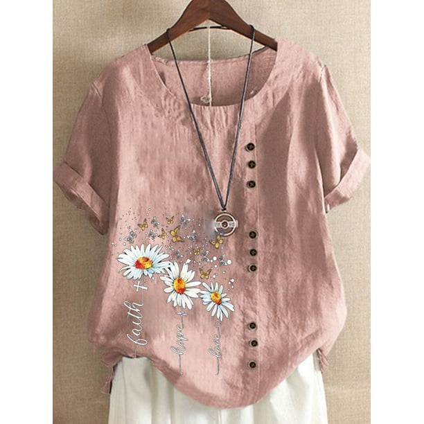 New Womens Ladies Oversized Daisy Print Button Casual Linen T-Shirt Tops Blouse 